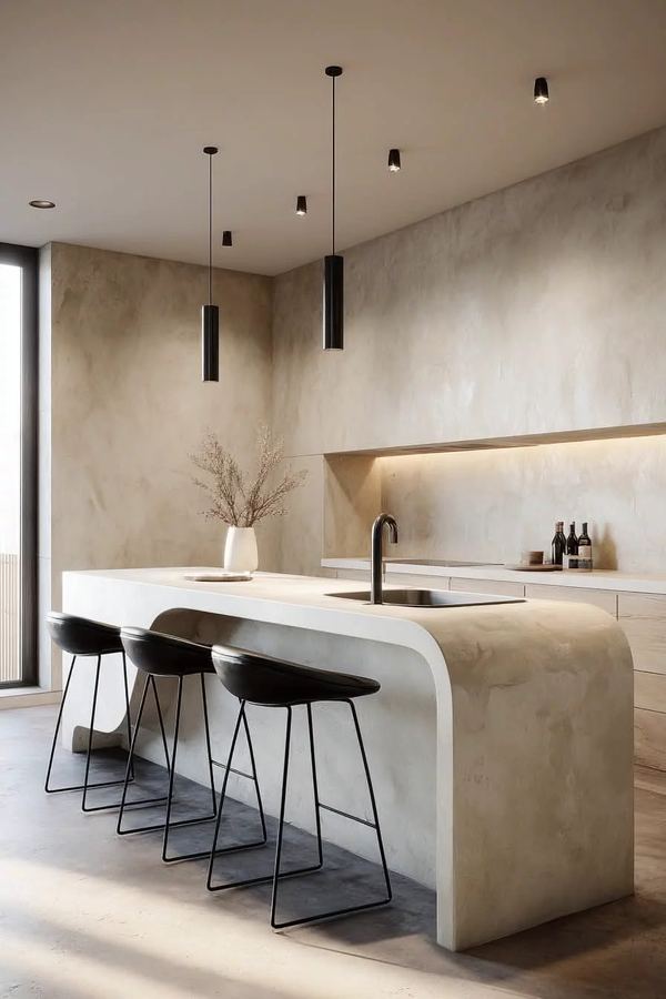 Modern kitchen with sculptural light-stone island featuring a soft waterfall edge, slim black tubular pendants, plaster walls, integrated linear LED above the back counter, dried-flower arrangement