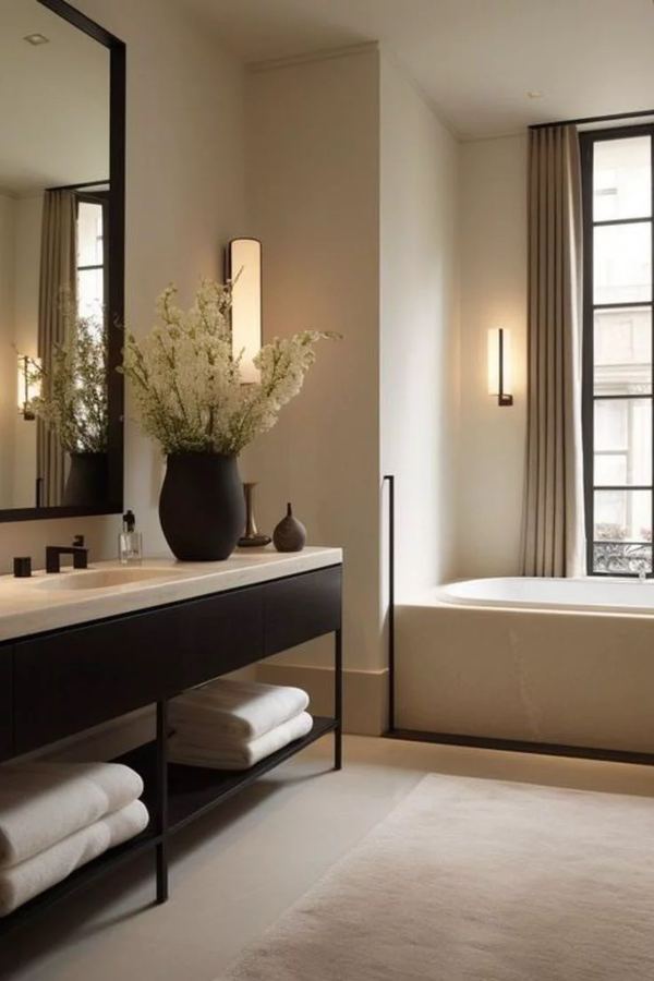 Spa bathroom with dark wood vanity on slim black-steel frame, cream stone counter, large black-framed mirror, freestanding cream stone tub, vertical alabaster sconces, slim black-framed window with linen curtain