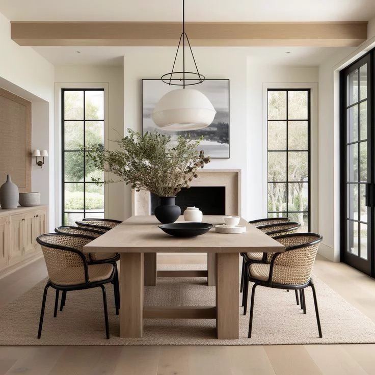 Warm Japandi dining room with light washed oak table, woven cane chairs, exposed beams, black-framed divided-light windows