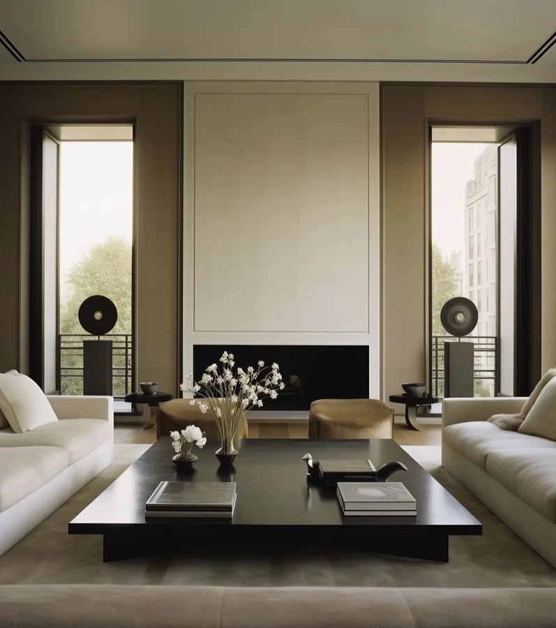 Formal salon with paneled chimney breast, low dark coffee table, no TV, tall narrow black-framed windows