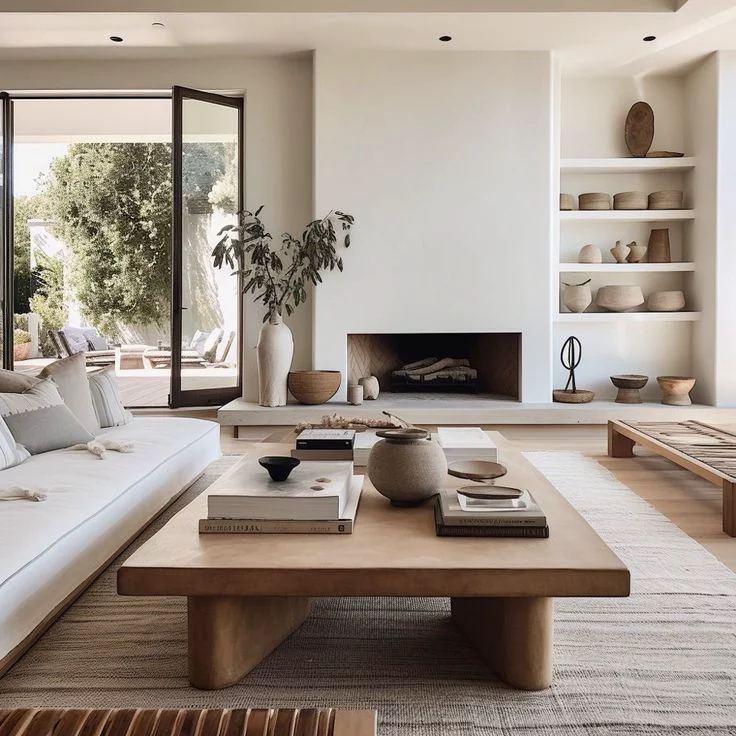 Modern Mediterranean living room with cream upholstered sofa, large light wood coffee table, integrated open shelving niche with ceramic vessels, French doors to outdoor